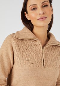 Pullover beige con colletto a zip, caratterizzato da una texture a treccia nella parte superiore e maglia liscia nella parte inferiore.
