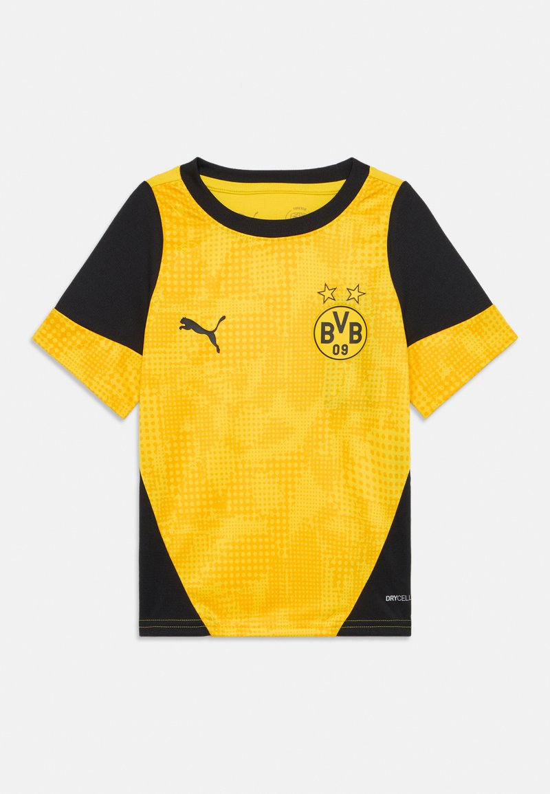 Gul kortermet jersey med svarte detaljer; har et strukturert mønster, rund halslinning, Puma-logo og BVB-klubbmerke med stjerner.