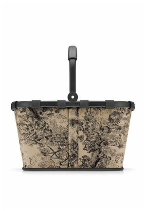 Basket with a beige fabric body featuring a black tree pattern, black plastic frame, and a sturdy handle for carrying.