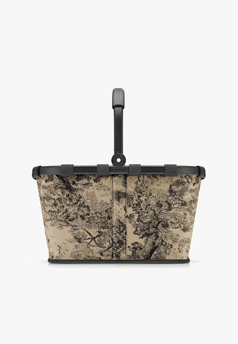 Cestino con corpo in tessuto beige, decorato con un motivo di alberi neri, telaio in plastica nera e una robusta maniglia per il trasporto.