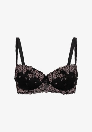 Zwarte kanten balconette bh met roze bloemenborduursel, golvende randen, verstelbare geribbelde schouderbanden en een kleine decoratieve strik in het midden.