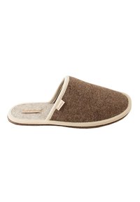 Brown felt slipper with a beige trim and insole. Open back design with a textured surface and a small logo tag on the side.