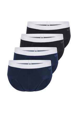Vier Herren-Slips mit weißen elastischen Taillenbändern, zwei in Schwarz und zwei in Marineblau, in versetztem Stapel angeordnet.