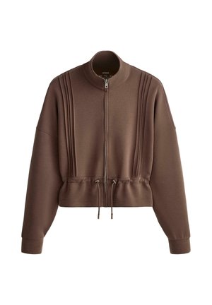 Bruine jas met rits, opstaande kraag, lange mouwen, verticale naaddetails en verstelbare taille met trekkoord.