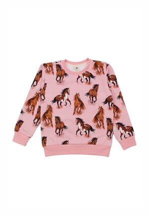 Children’s pink long-sleeve sweatshirt with brown and white running horse patterns all over, ribbed cuffs, and hem.