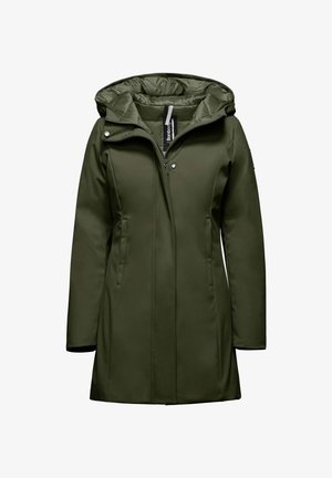 Olive green waterproof coat with a detachable hood, two side pockets, front zipper, and quilted lining. Smooth texture and fitted design.