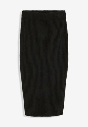 Gonna a matita nera a costine con elastico in vita. La texture del tessuto è liscia e aderente, che si stringe verso l'orlo per una silhouette elegante.