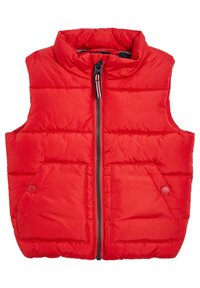 Röd vadderad väst med hög krage, framdragkedja och två sidofickor. Tyget har en slät textur med en sydd, vadderad design.