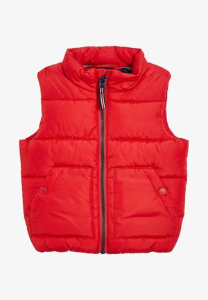 Červená prošívaná vesta s vysokým límcem, předním zipem a dvěma bočními kapsami. Látka má hladký povrch a prošívaný design.
