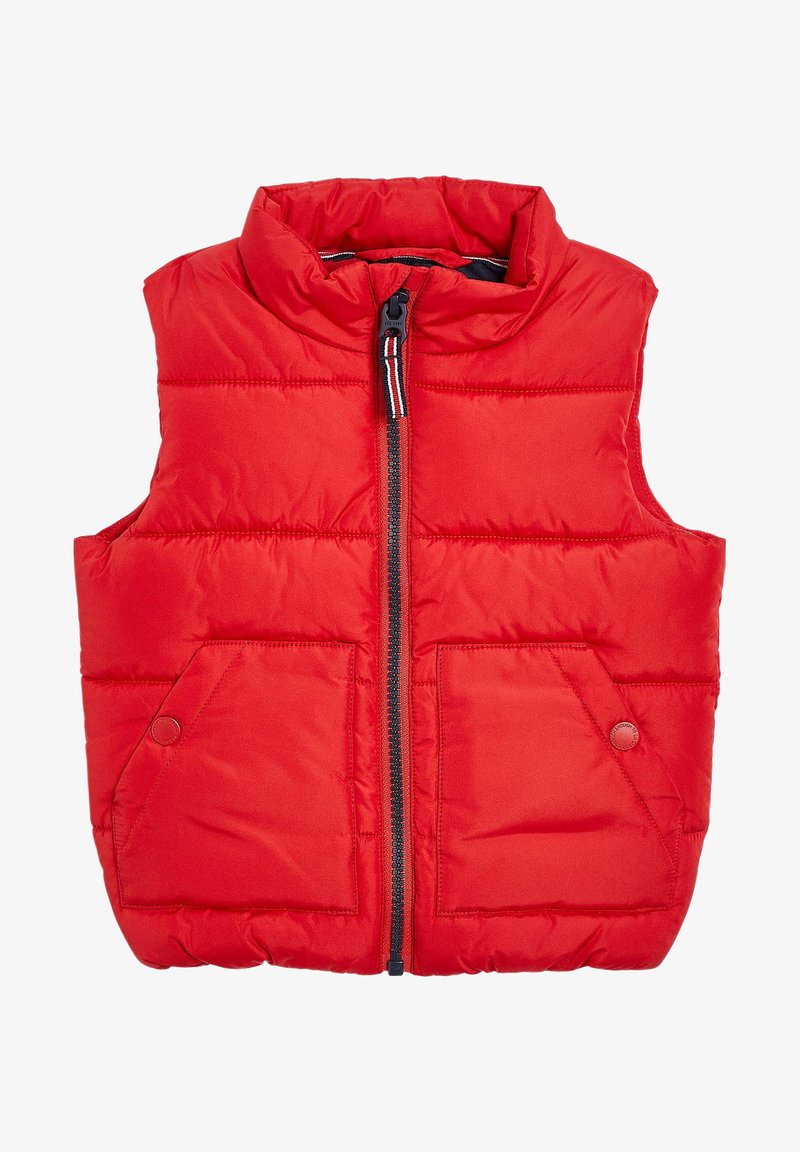 Rote gepolsterte Weste mit hohem Kragen, Frontreißverschluss und zwei Seitentaschen. Der Stoff hat eine glatte Textur mit gestepptem Quiltdesign.