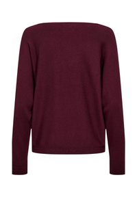 Pull en maille à manches longues couleur bordeaux foncé, avec un ourlet droit et des poignets côtelés, vu de dos sur fond blanc.