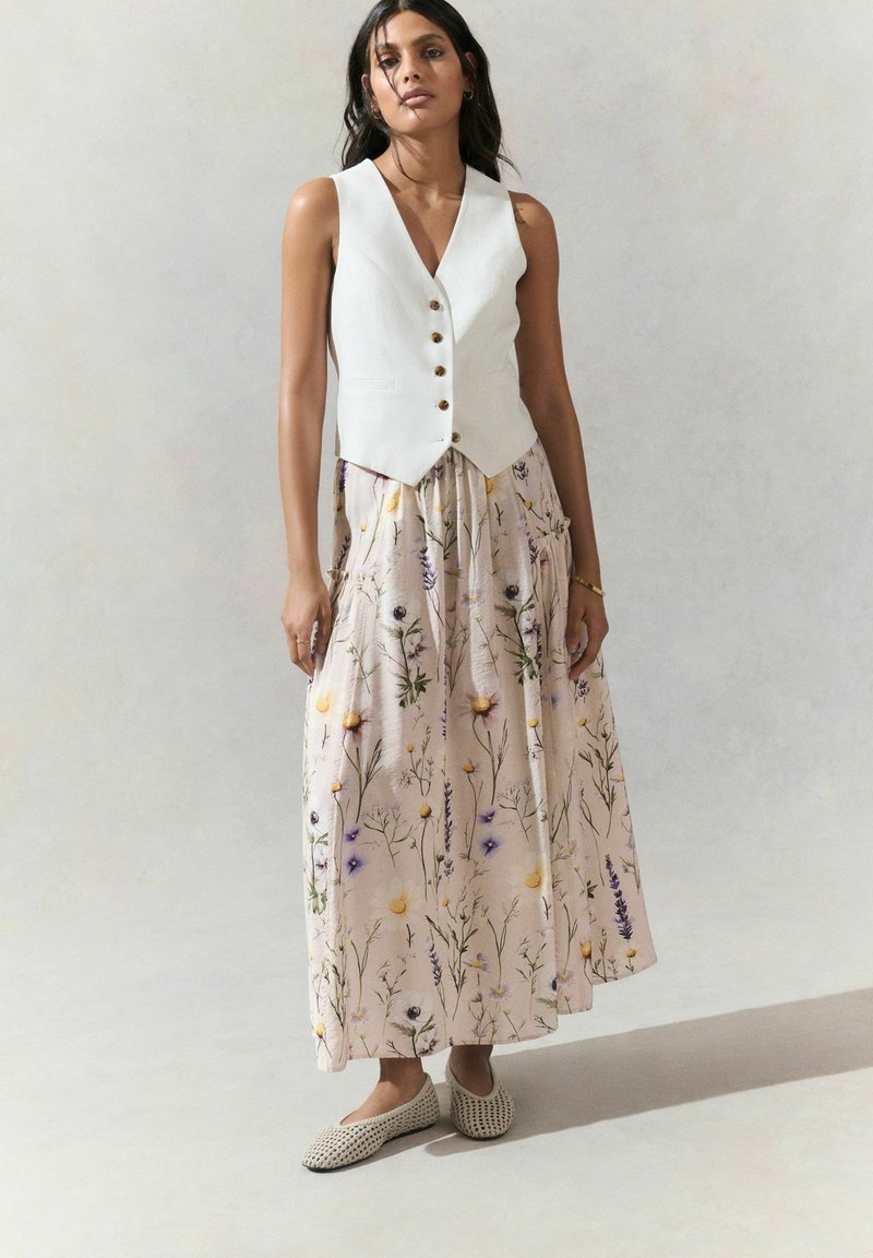 Next REGULAR FIT - LIGHTWEIGHT - Skladaná sukňa - ecru floral