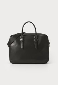 Black leather briefcase with dual top handles, adjustable shoulder strap, and silver-tone hardware. Smooth texture, rectangular shape.