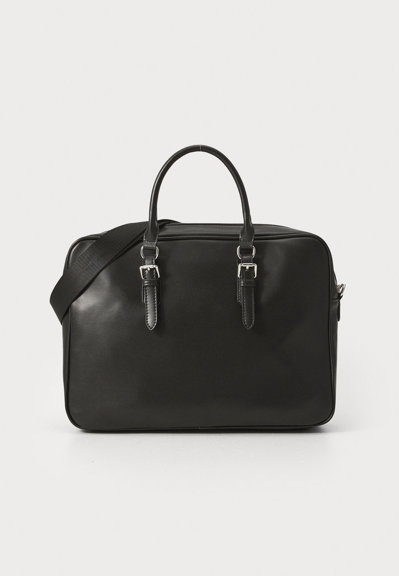 Black leather briefcase with dual top handles, adjustable shoulder strap, and silver-tone hardware. Smooth texture, rectangular shape.