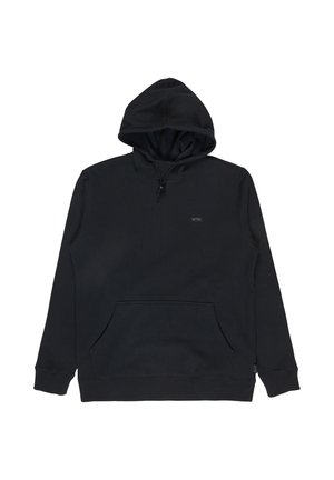 Schwarzer Kapuzenpullover mit Kängurutasche, Kordelzug am Hals und einem kleinen Logo-Tag auf der Brust. Weicher, strukturierter Stoff.