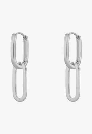Zilverkleurige oorbellen met verbonden ovale en rechthoekige vormen, een gladde textuur en een gepolijste afwerking. Minimalistisch ontwerp zonder versieringen.