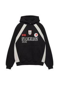 Sort hættetrøje med grå skrå striber, røde og hvide Evangelion-logoer, japansk tekst og frontlomme.