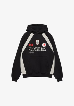 Črna jopa s sivimi poševnimi črtami, rdečimi in belimi logotipi Evangelion, japonskim besedilom ter sprednjim žepom kangaroo.