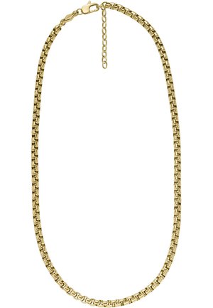 Złoty naszyjnik łańcuchowy z ogniwami w kształcie pudełka i zapięciem karabińczykowym, wyposażony w regulowany przedłużacz do dostosowania długości.