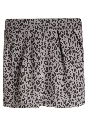 Jupe grise avec motif léopard noir et plis sur le devant, dotée d'une large ceinture.