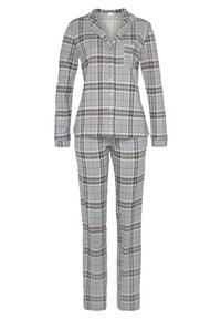 Set di pigiama a quadri grigi composto da una camicia con bottone a maniche lunghe con tasca e pantaloni coordinati, realizzato in un tessuto morbido con una texture liscia.