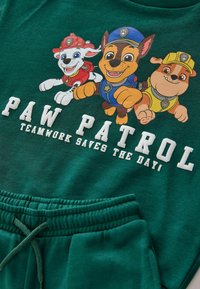 Grøn sweatshirt med et grafisk motiv af tre tegneseriehunde og teksten "PAW PATROL TEAMWORK SAVES THE DAY!" i hvid skrift.