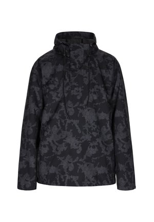 Schwarze Kapuzenjacke mit hexagonalem Muster, aus einem glatten, leichten Material, mit Pullover-Design und verstellbaren Zugbändern.