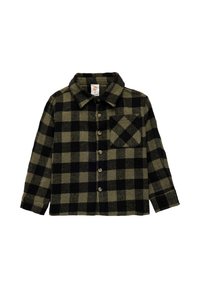 Langärmliges Button-down-Hemd mit schwarz-olivgrünem karriertem Muster und Brusttasche, flach auf weißem Hintergrund ausgelegt.