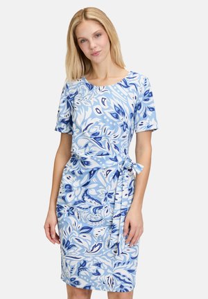 Short-sleeve, knee-length dress in light blue and white floral pattern. Features a fitted waist with a tie accent. Smooth, lightweight fabric.