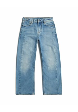 Jean bleu clair à coupe droite avec poches devant et derrière, fermeture bouton et zip, et passants pour ceinture.