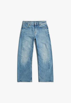 Jean bleu clair à coupe droite avec poches devant et derrière, fermeture bouton et zip, et passants pour ceinture.