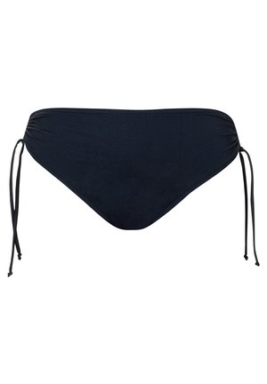 Temno modri bikini spodnji del z nastavljivimi stranici, izdelan iz gladkega, raztegljivega materiala s preprostim, klasičnim dizajnom.