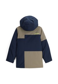 Veste colorée en blocs marine et taupe avec capuche, arborant un logo vert et une texture lisse, conçue pour un usage en extérieur.