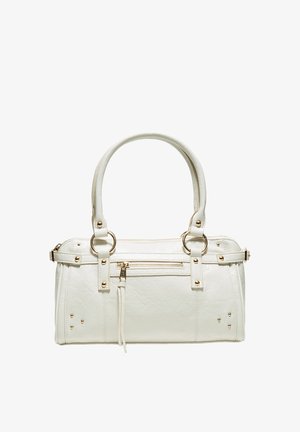 Witte leren handtas met dubbele handvatten, gouden ringen, ritssluitingvak aan de voorkant en kleine gouden studs op de hoeken.