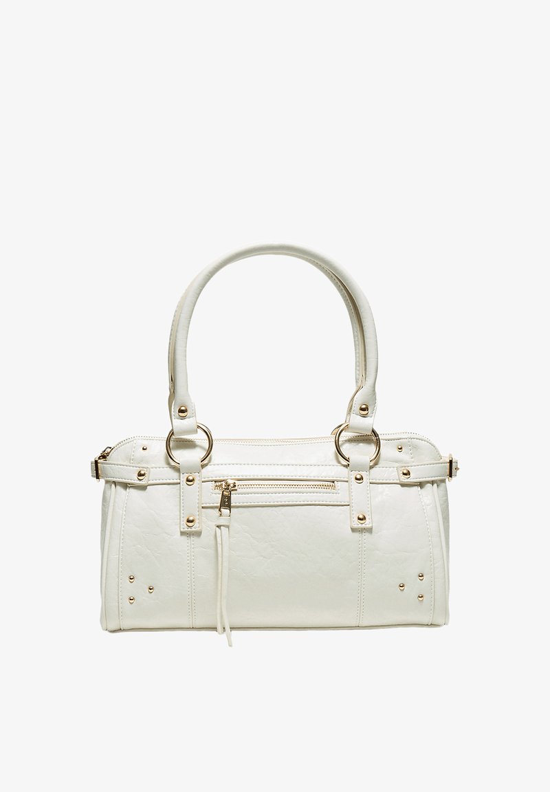 Sac à main en cuir blanc avec doubles poignées, anneaux dorés, poche zippée à l'avant et petites clous dorés aux coins.