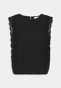 Top noir sans manches avec des détails en dentelle complexes au niveau des épaules et des motifs texturés verticaux à l'avant. Fermeture en œillet dans le dos.