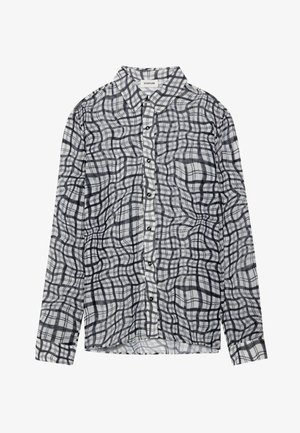 Camisa de manga longa com padrão xadrez, apresenta um tecido leve e transparente em preto e branco, com bainhas arredondadas e fecho frontal com botões.