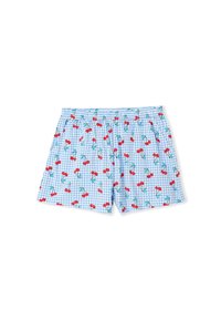 Boxershorts in een lichtblauwe ruitpatroon, met rode kersen en groene bladeren, voorzien van een elastische tailleband en een losse pasvorm.