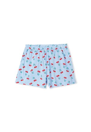 Pantaloni boxer in una leggera fantasia a scacchi azzurro, con ciliegie rosse e foglie verdi, dotati di una vita elastica e una vestibilità ampia.