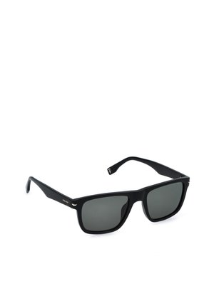 Lunettes de soleil noires rectangulaires avec des verres teintés foncés et des branches fines, logo de la marque sur la branche.