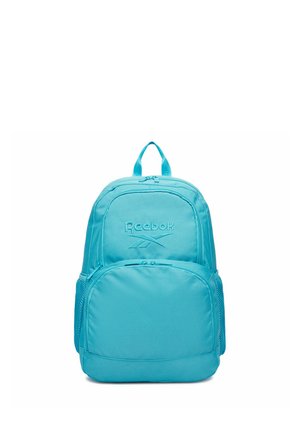Jasnoniebieski plecak Reebok z dwoma głównymi komorami na zamek błyskawiczny i siateczkowymi bocznymi kieszeniami, stojący pionowo na białym tle.