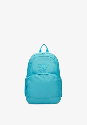 Zaino Reebok azzurro chiaro con due scomparti principali con cerniera e tasche laterali in rete, in piedi su uno sfondo bianco.