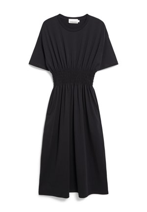 Schwarzes Baumwollkleid mit kurzen Ärmeln, einem gerafften Bund und lockerer Passform, knie-langer Rock und glatter Textur.