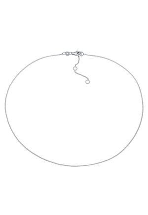 Collar de cadena de plata con una textura fina y suave; presenta un cierre de langosta y longitud ajustable con eslabones de extensión.