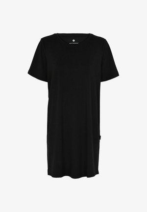 Sort T-shirt kjole lavet af blødt stof, med rund hals og korte ærmer. Enkel design med lige snit og et sideetiket.