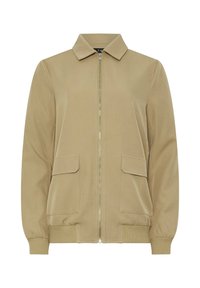 Giacca bomber color sabbia con zip frontale, colletto, due tasche frontali, polsini e orlo a costine, realizzata in tessuto liscio con una leggera lucentezza.
