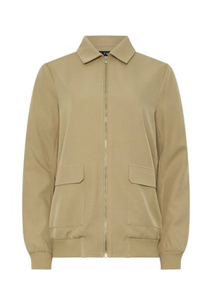 Tan bomber jacket with a zip front, collar, two front pockets, ribbed cuffs, and hem, made from smooth fabric with a subtle sheen.