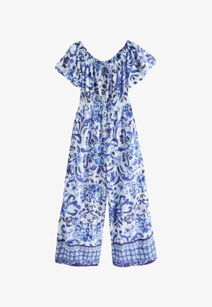 Floral-patterned jumpsuit in light blue and navy. Features short puff sleeves, elastic waist, and wide legs with a decorative hem.