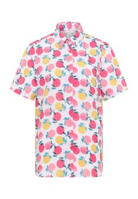 Camicia a maniche corte con bottoni di colore bianco, decorata con un vivace motivo di cerchi rosa e gialli, accentuata da foglie blu. Materiale in cotone, vestibilità comoda.