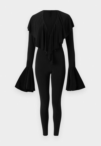 Norma Kamali LONG SLEEVE DEEP RUFFLE CATSUIT FOOTIE - Mono - black